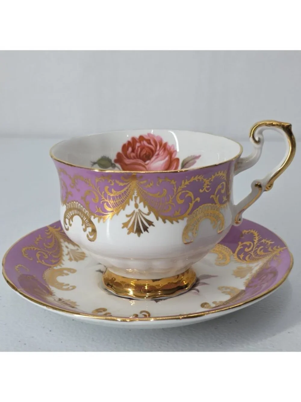 Paragon England Antique Rose Tea Cup & Saucer Signed Reg Johnson Gold Fushia